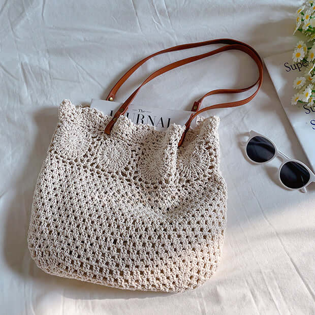 White Snap Lightweight Crochet Pattern Tote Bag
