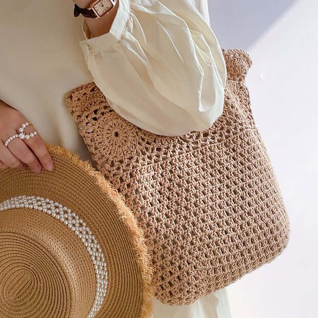 Portable Crochet Woven Bucket Shoulder Bag Khaki