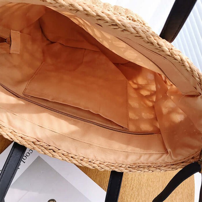 Brown Leather Handle Straw Bucket Bag for Women