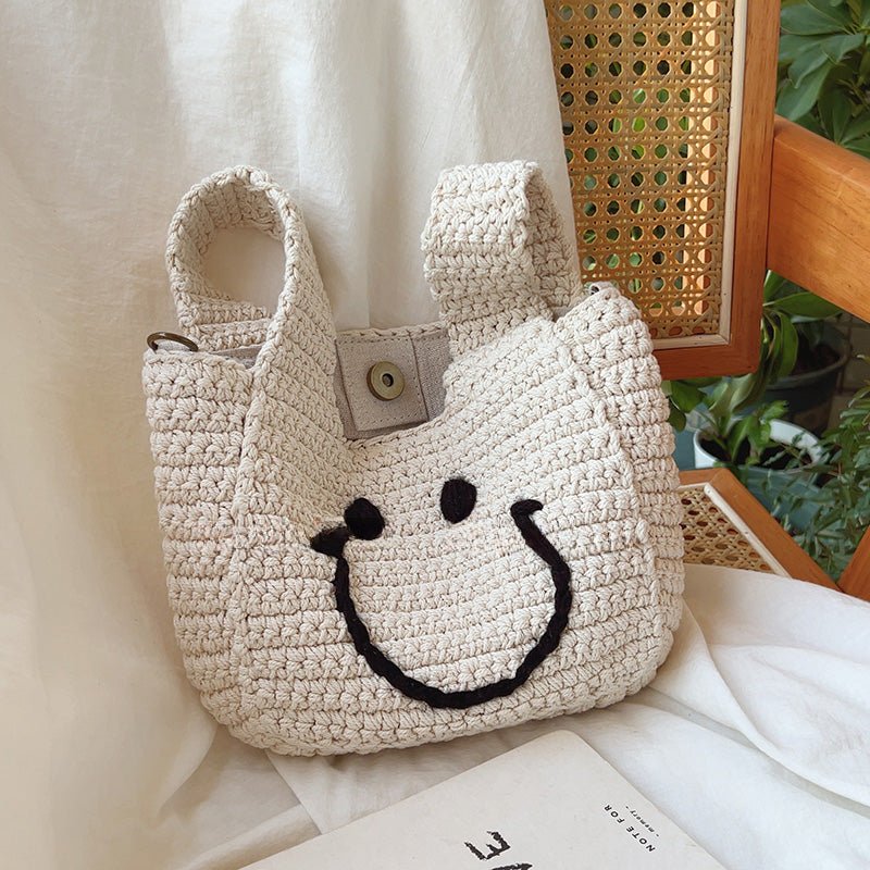 Cute Smiling Face Snap Knitted Handbag White