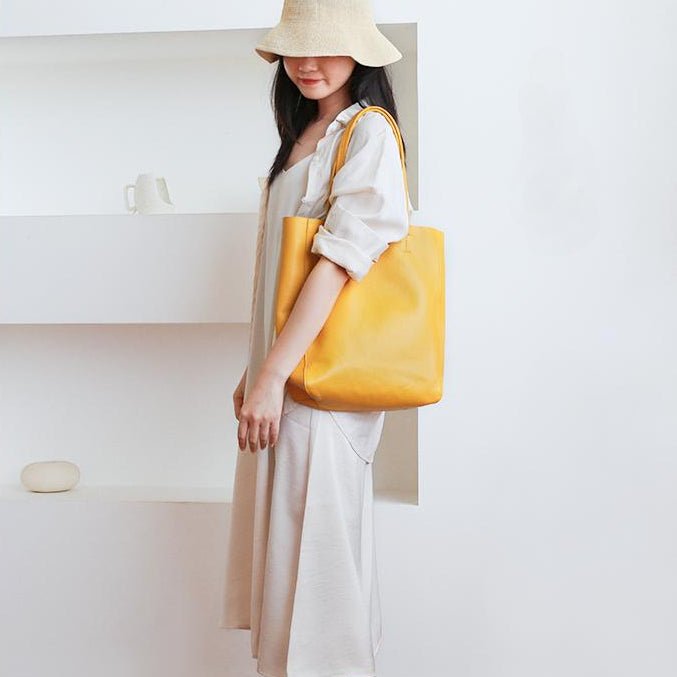 Horizontal Leather Work Tote Bag in Yellow