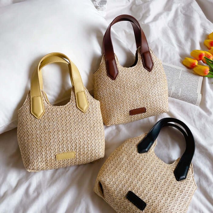 Designer Bucket Straw Bag with Leather Handles