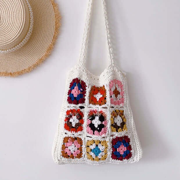 Designer Flower Crochet Pattern Granny Square Tote White