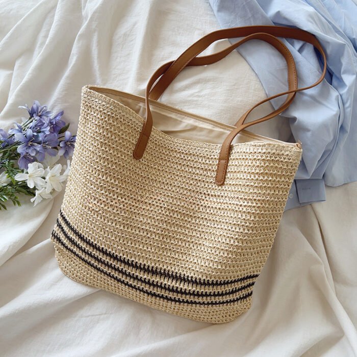 Striped Beach Woven Shoulder Bag with Leather Strap