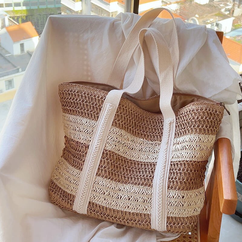 Striped Woven Large Straw Tote Bag