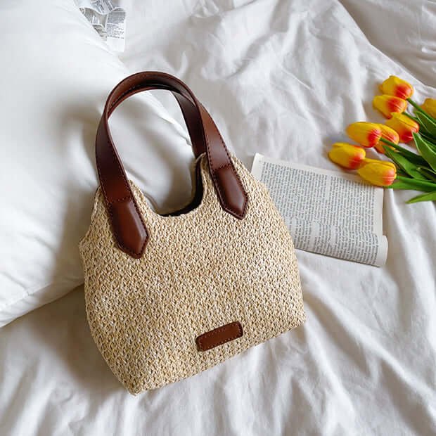 Designer Bucket Straw Bag with Leather Handles