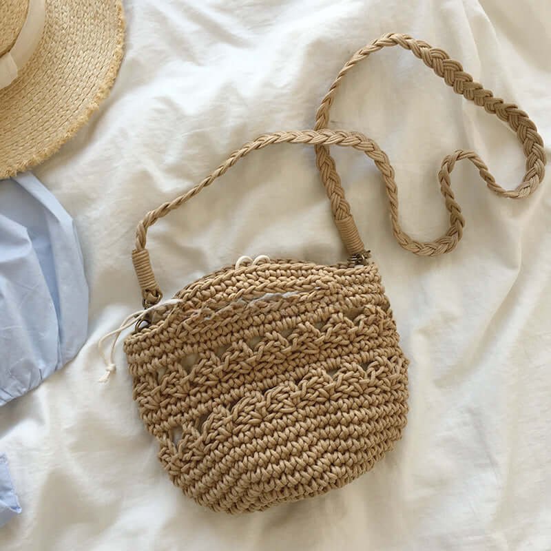 Wax Rope Crochet Crossbody Bucket Bag Brown