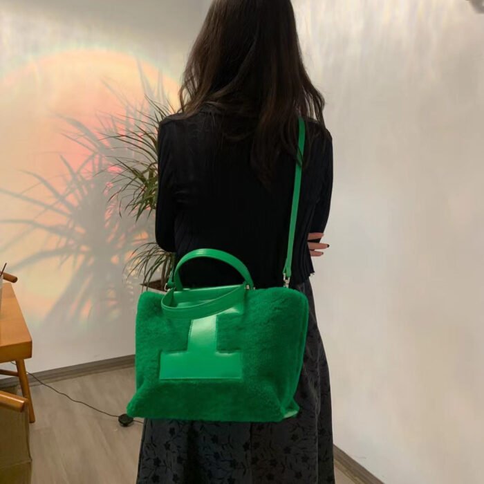 Green Genuine Sheepskin Handbag Square Commuter Tote