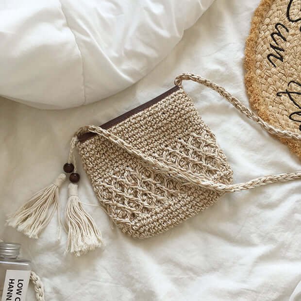 Cute Handmade Crochet Flip Bag with Tassel Apricot