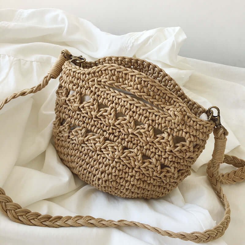 Wax Rope Crochet Crossbody Bucket Bag Brown