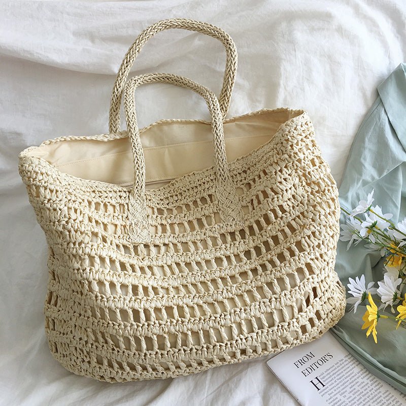 White Zippered Straw Big Beach Tote for Summer