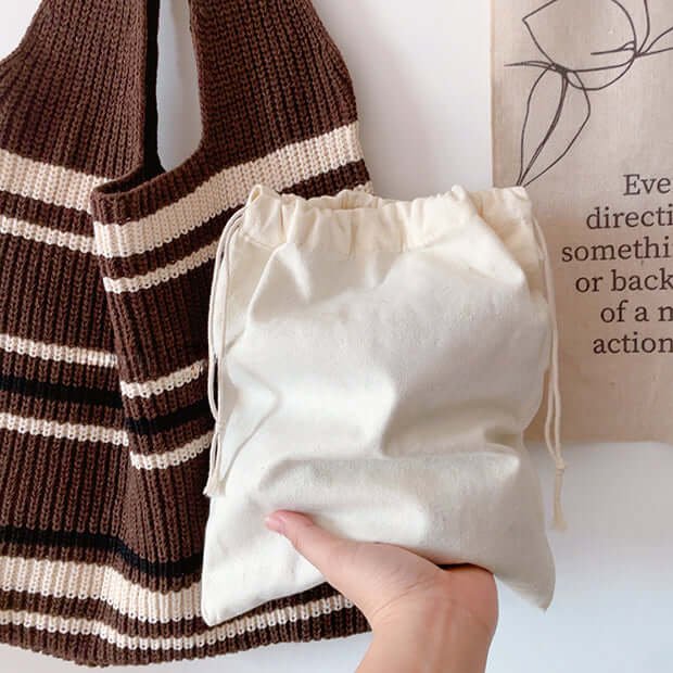 Striped Knitting Crochet Bucket Tote with Inner Bag