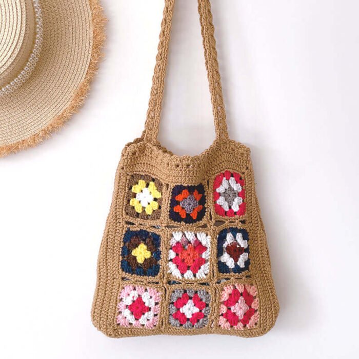 Pattern Flower Granny Square Crochet Bag in Brown