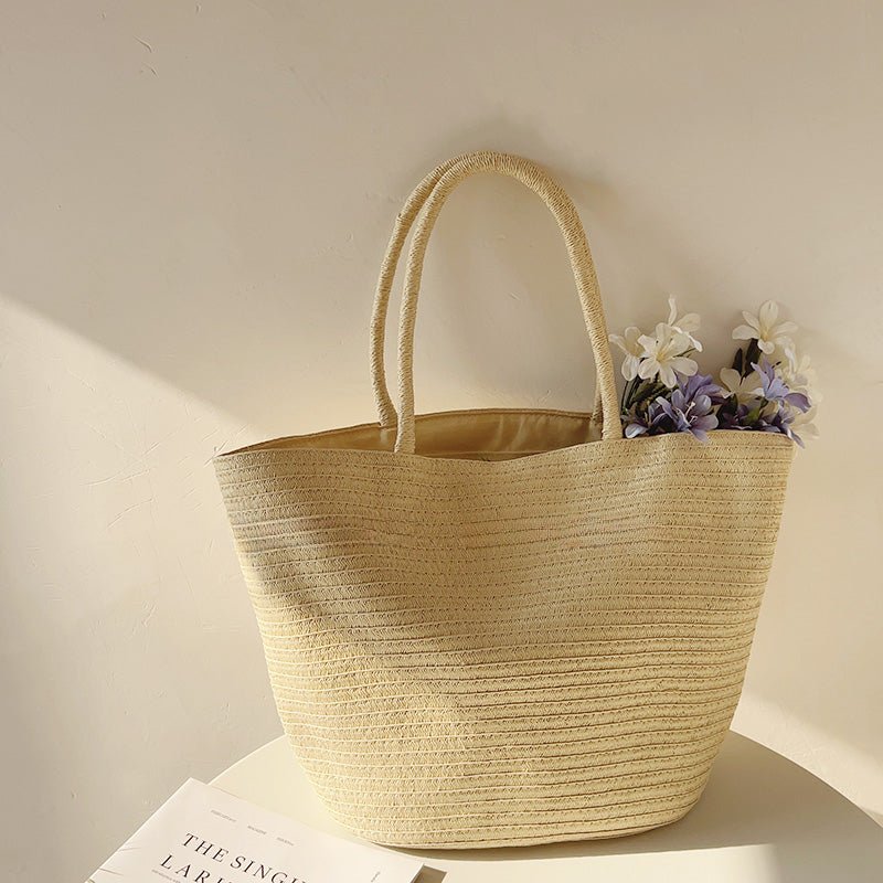 Women Woven Market Basket Straw Bags in Beige