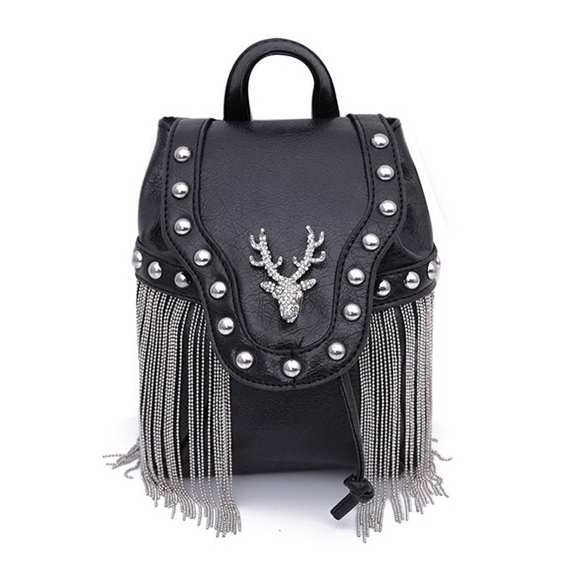 Gothic Rock Leather Tassel Purse Elk Diamonds HandBag 2023