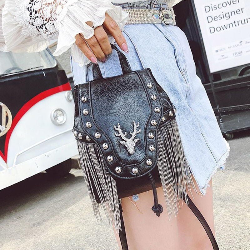 Gothic Rock Leather Tassel Purse Elk Diamonds HandBag 2023