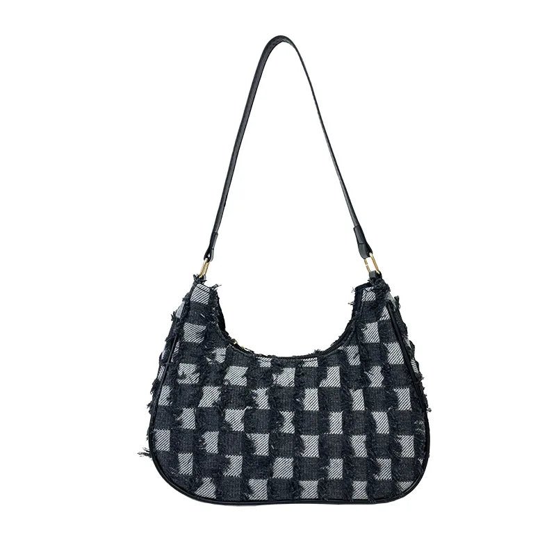 Checkered Denim Underarm Purse Hobo Personalized Jeans Fabric Handbag