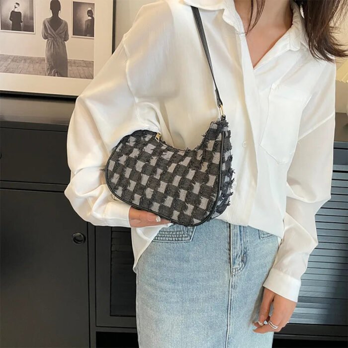 Checkered Denim Underarm Purse Hobo Personalized Jeans Fabric Handbag