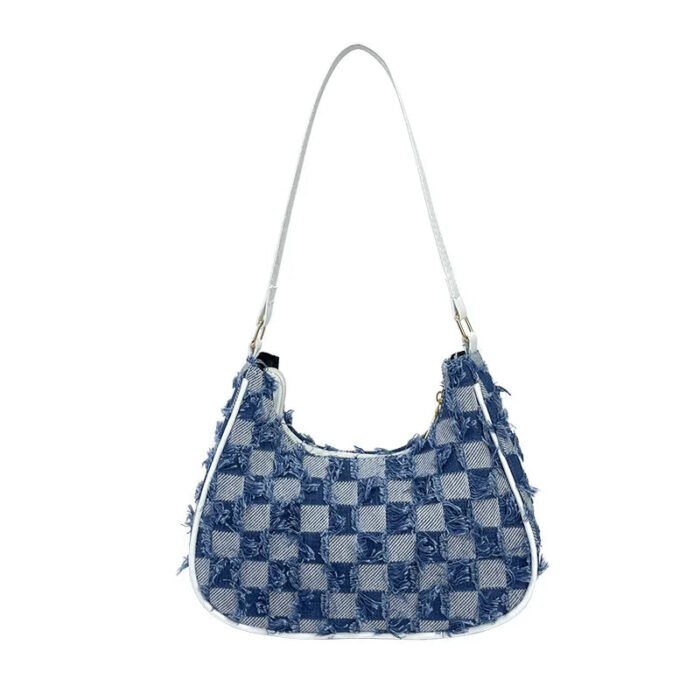 Checkered Denim Underarm Purse Hobo Personalized Jeans Fabric Handbag