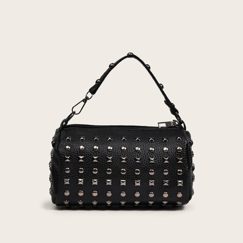 Punk Goth Rivet Retro Barrel Bucket Purse in Black