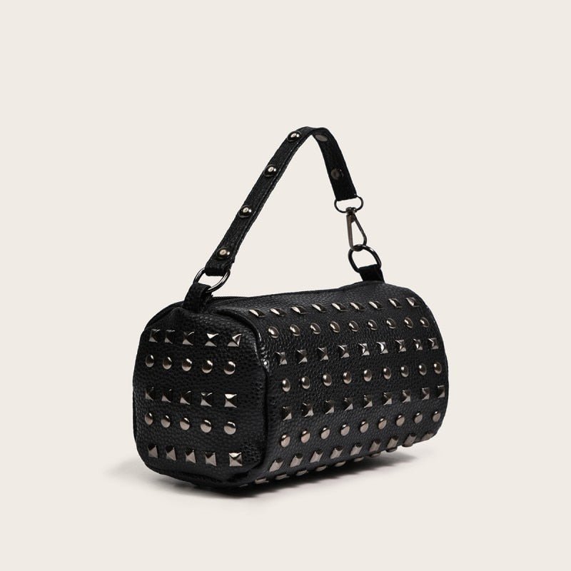 Punk Goth Rivet Retro Barrel Bucket Purse in Black