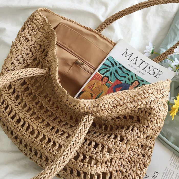 Brown Large Zippered Woven Beach Tote