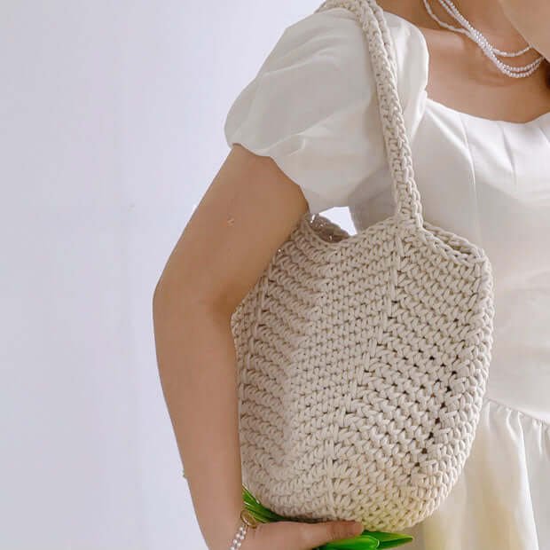 Handmade Thick Lines Bucket Crochet Bag in White