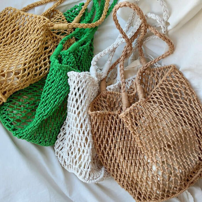 Mesh Solid Crochet Beach Tote with Inner Pocket