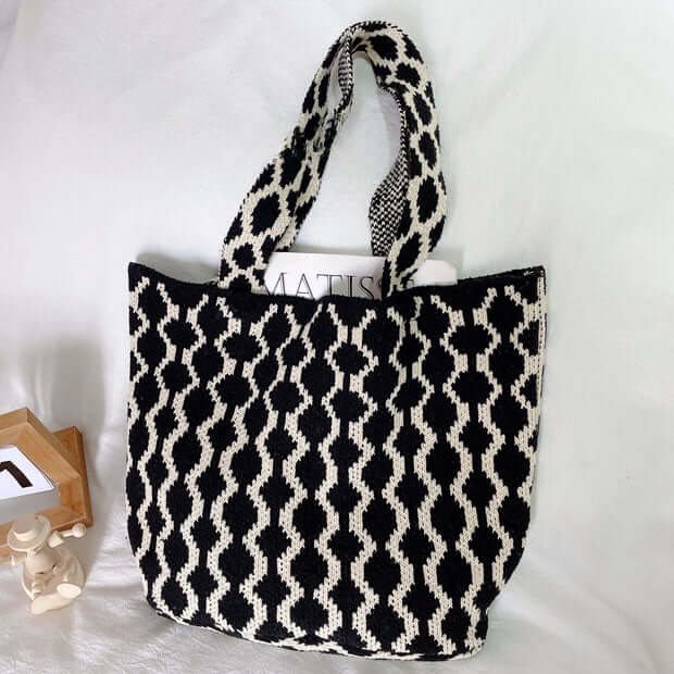 Piebald Yarn Crochet Shopping Tote Bag Black