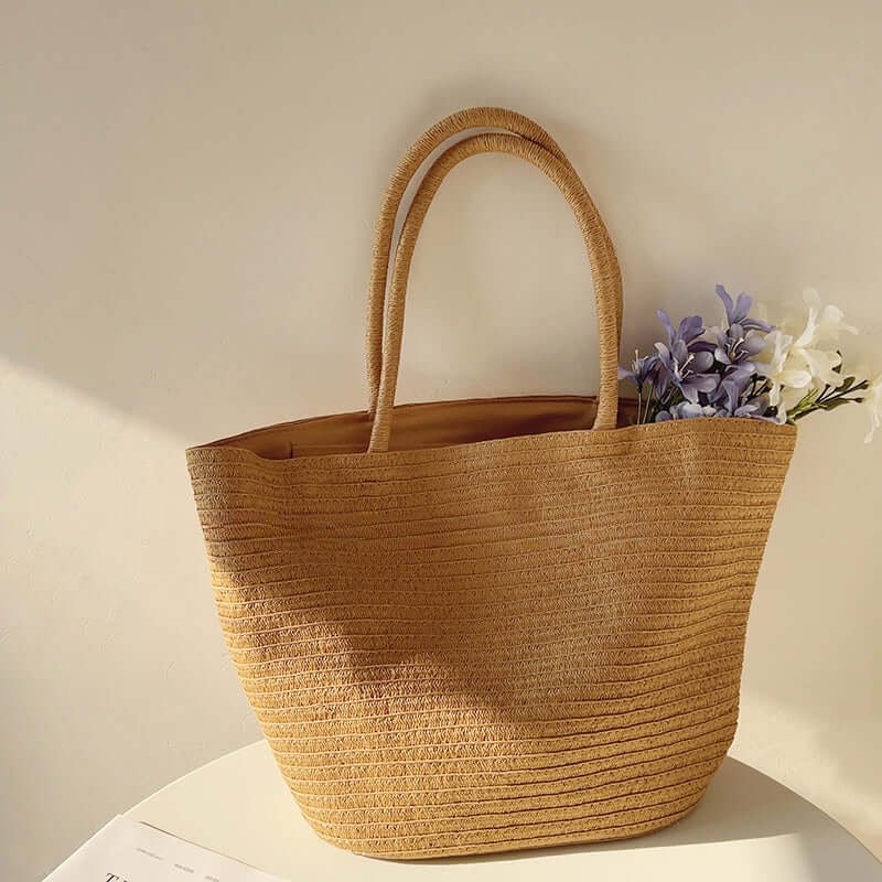 Designer Woven Large Straw Tote Bag for Summer Brown