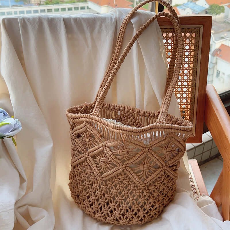 Artisan Craftsmanship Boho Crochet Bucket Bag Brown