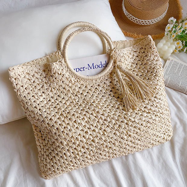 White Large Straw Tote Bag with Tassel