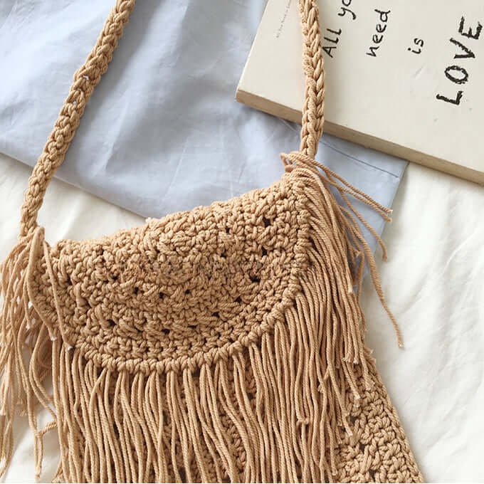 Mini Fringed Knit Crochet Crossbody Bag in Brown