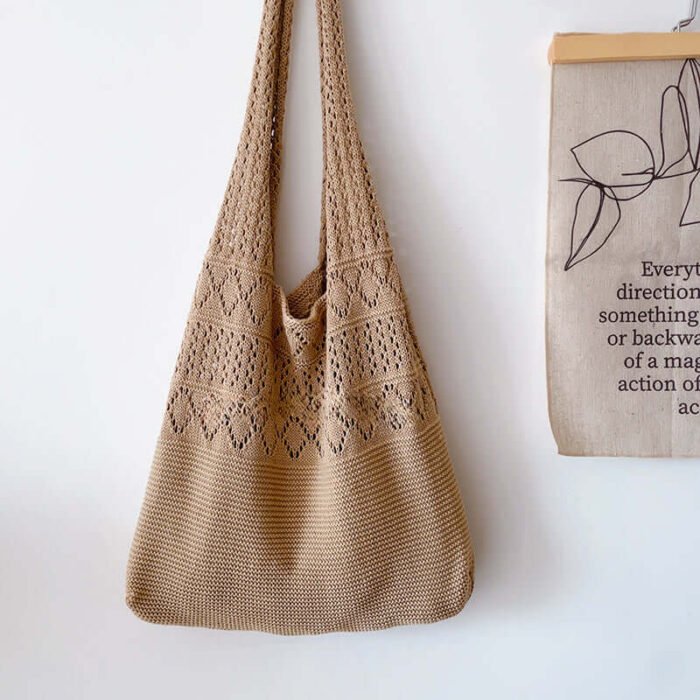 Mesh Crochet Boho Tote Bag Khaki