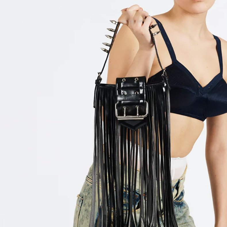 Long fringe goth purse with rivets