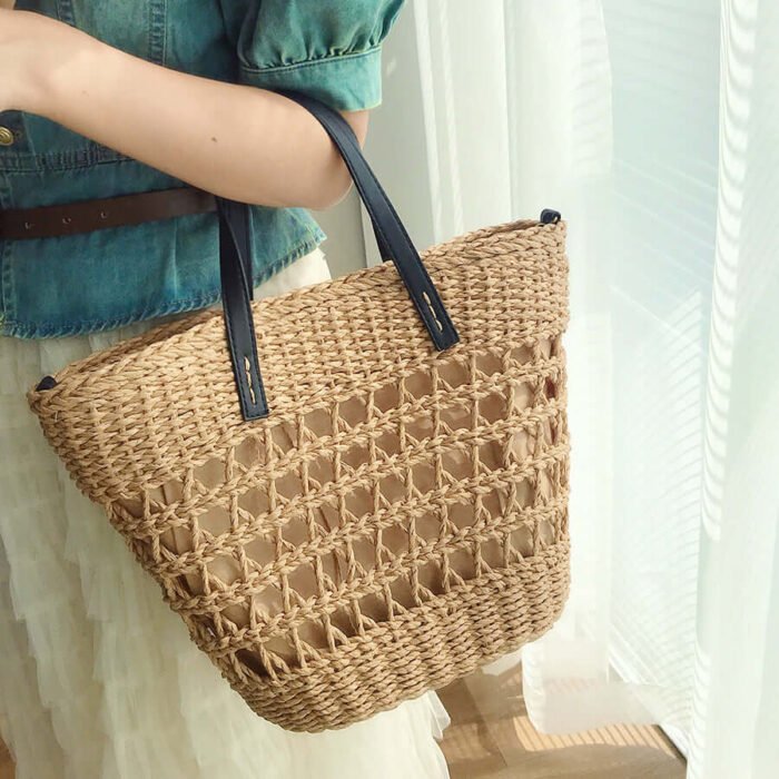 Brown Leather Handle Straw Bucket Bag for Women