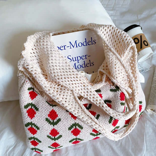 Handmade Tulip Flower Crochet Pattern Tote Bag White