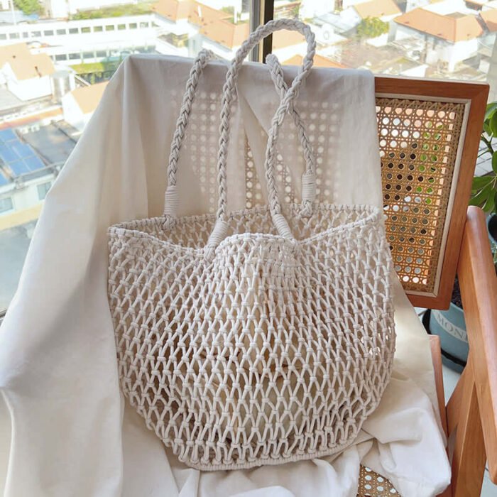 Mesh Solid Crochet Beach Tote with Inner Pocket