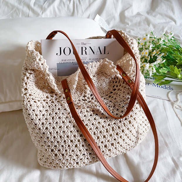 White Snap Lightweight Crochet Pattern Tote Bag