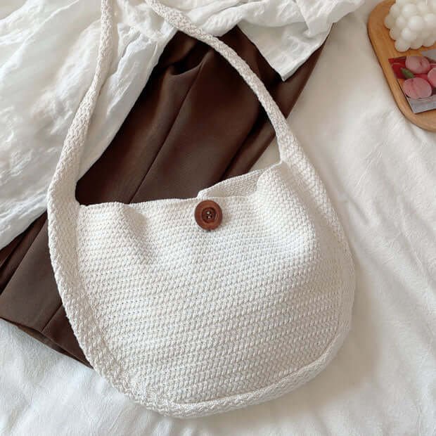 Women Handmade Small Button Crochet Bag White