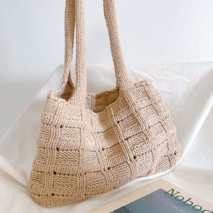 Khaki Knit Shopping Crochet Checked Tote Bag