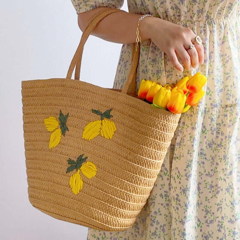 Lemon Embroidered Woven Straw Tote Bag