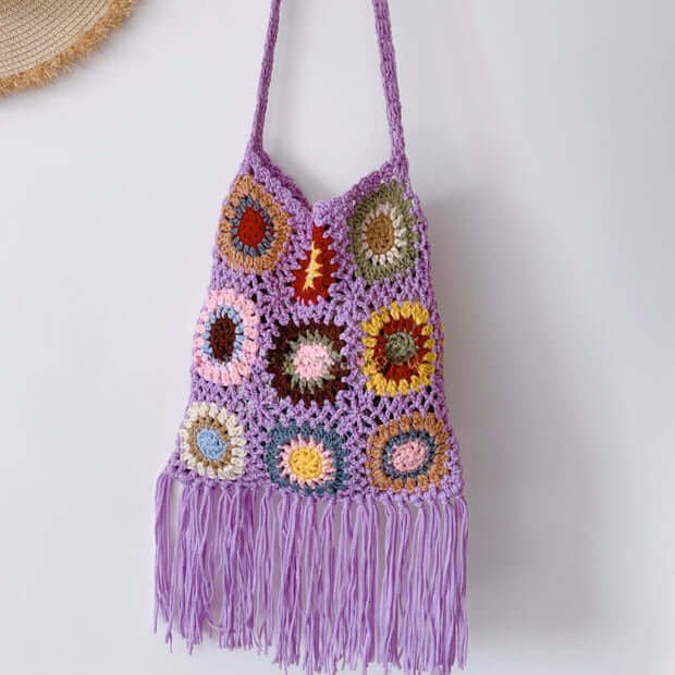 Cute Fringe Crochet Sunflower Crossbody Bag Purple