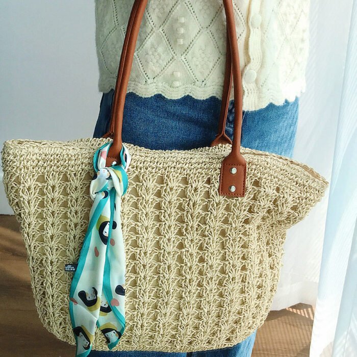 Modern Straw Tote Bag with Leather Handles