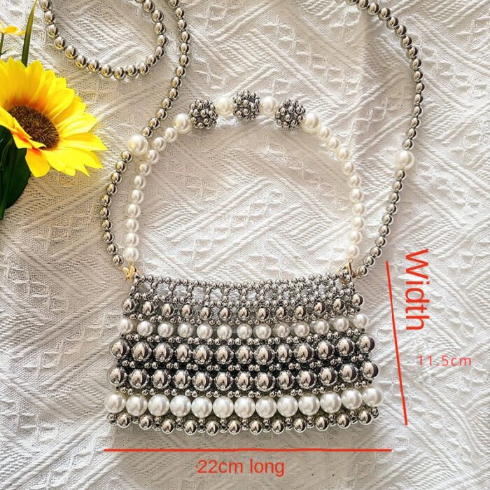 Silver Beaded Pearl Patchwork Woven Crossbody Bag