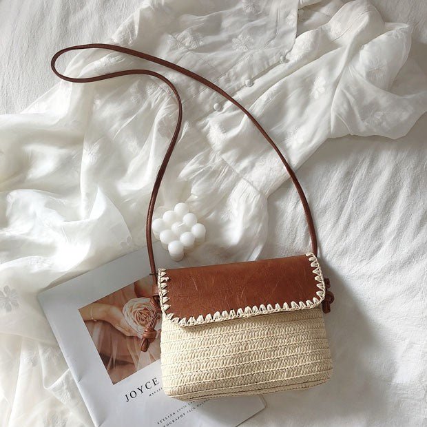 Mini Leather Flip Straw Shoulder Bag White