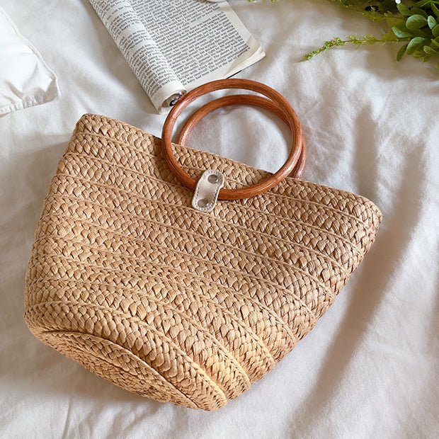 Woven Wooden handle Straw Beach Bucket Bag