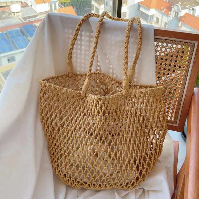 Mesh Solid Crochet Beach Tote with Inner Pocket