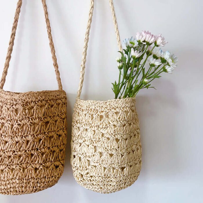 French Drawstring Bucket Cylinder Straw Bag White