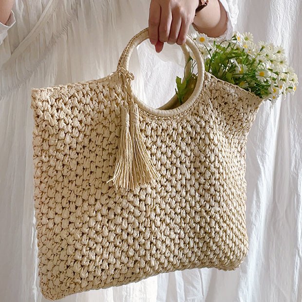 White Large Straw Tote Bag with Tassel